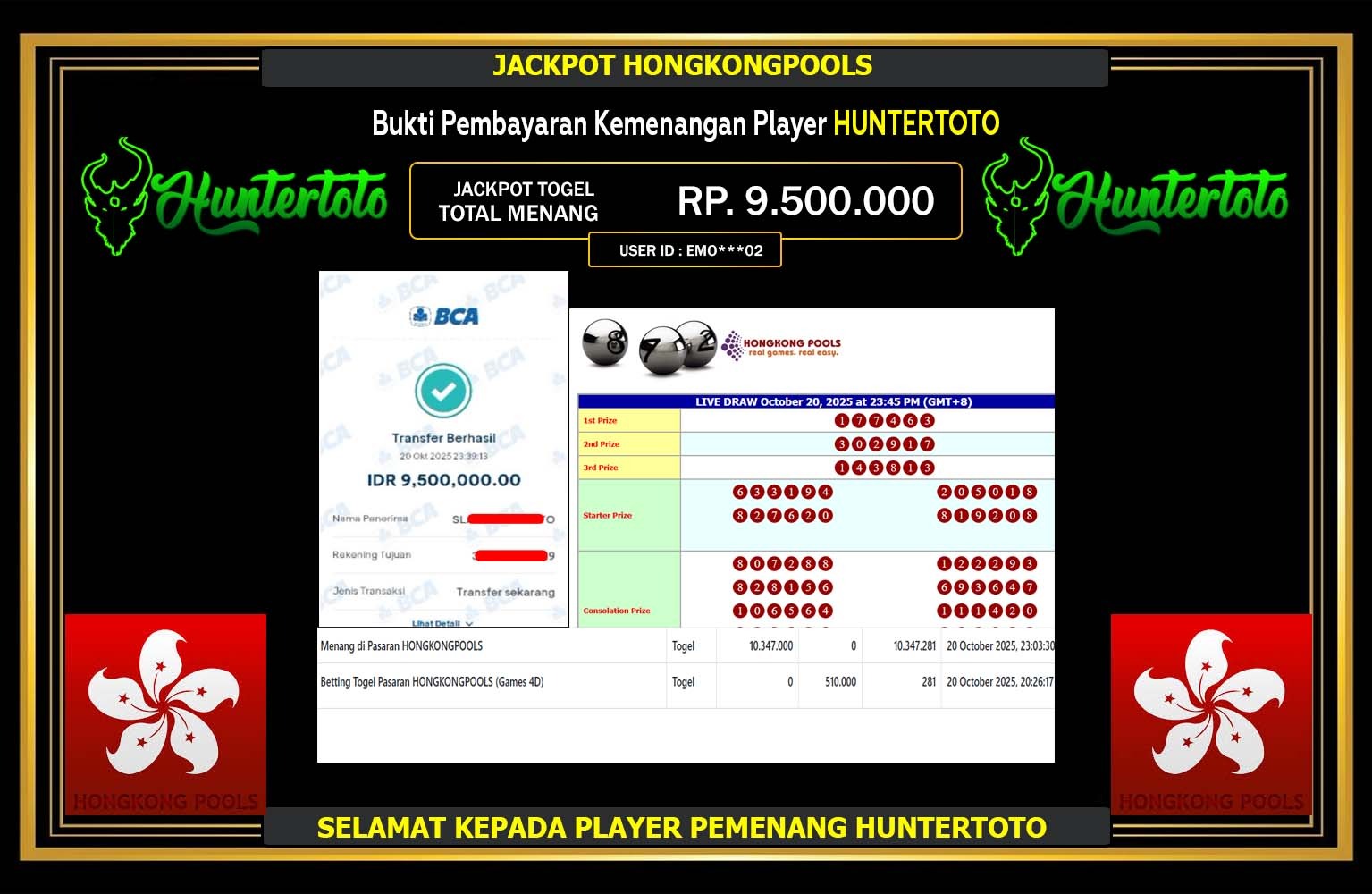 HUNTERTOTO JACKPOT TOGEL (HONGKONGPOOS) Rp.9.500.000,- LUNAS