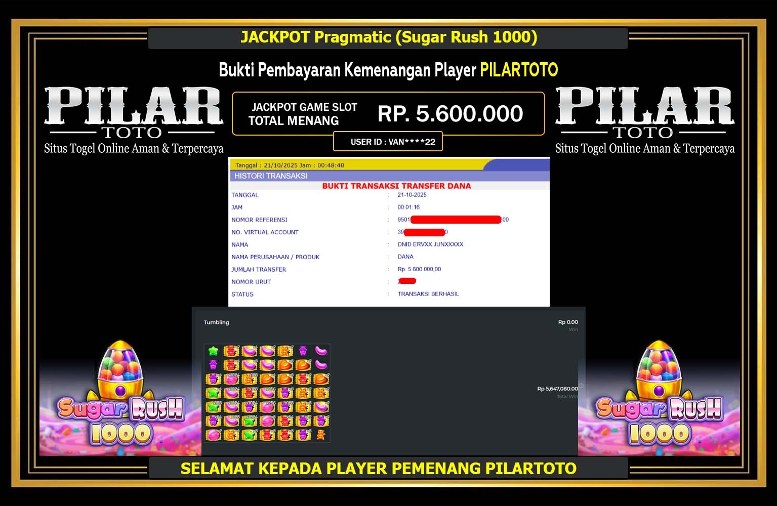 PILARTOTO JACKPOT Pragmatic (Sugar Rush 1000) Rp.5.600.000,- LUNAS