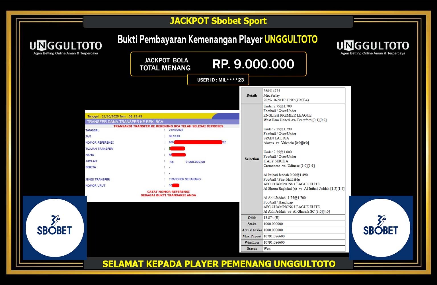 UNGGULTOTO JACKPOT Sbobet Rp.9.000.000,- LUNAS
