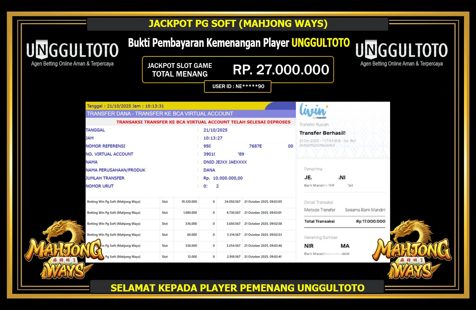 UNGGULTOTO JACKPOT PG SOFT (MAHJONG WAYS) Rp.27.000.000,- LUNAS