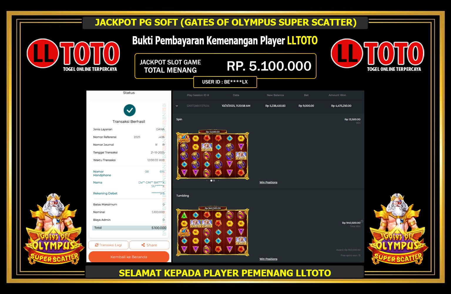 LLTOTO JACKPOT PRAGMATIC (GATES OF OLYMPUS SUPER SCATTER) Rp.5.100.000,- LUNAS