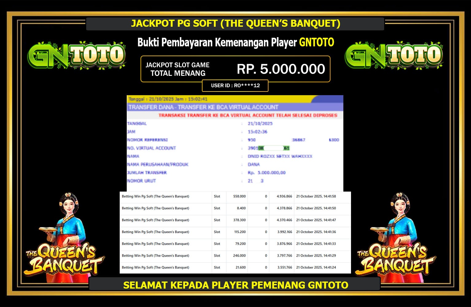 GNTOTO JACKPOT PG SOFT (THE QUEEN'S BANQUET) Rp.5.000.000,- LUNAS