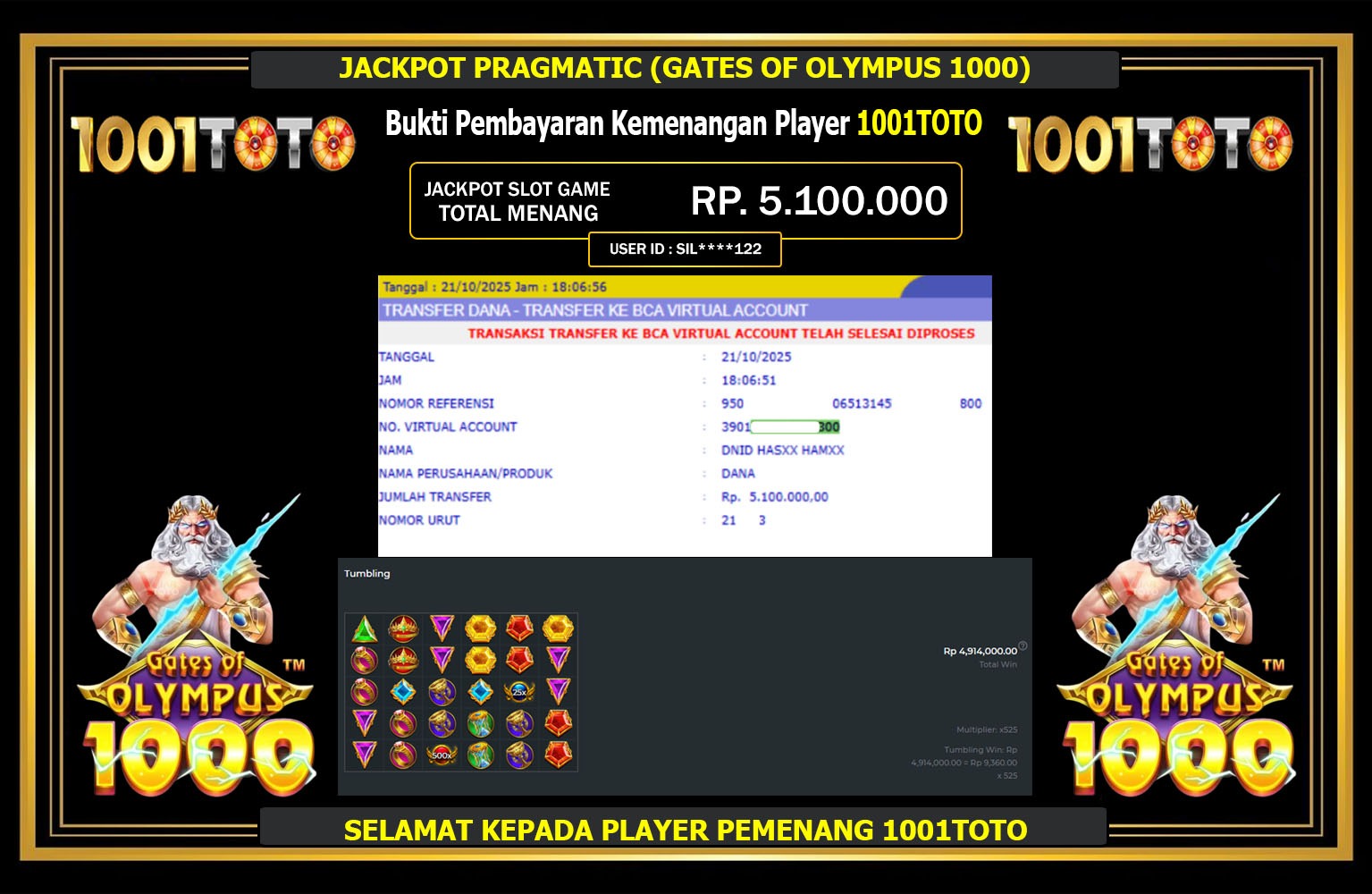 1001TOTO JACKPOT PRAGMATIC (GATES OF OLYMPUS 1000) Rp.5.100.000,- LUNAS
