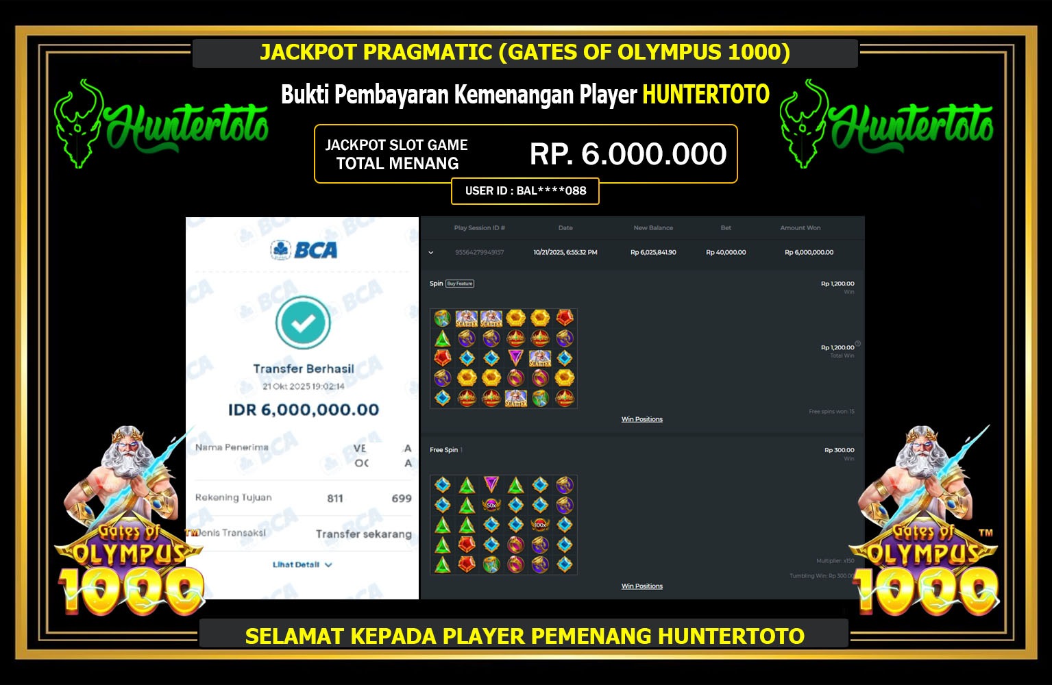 HUNTERTOTO JACKPOT PRAGMATIC (GATES OF OLYMPUS 1000) Rp.6.000.000,- LUNAS