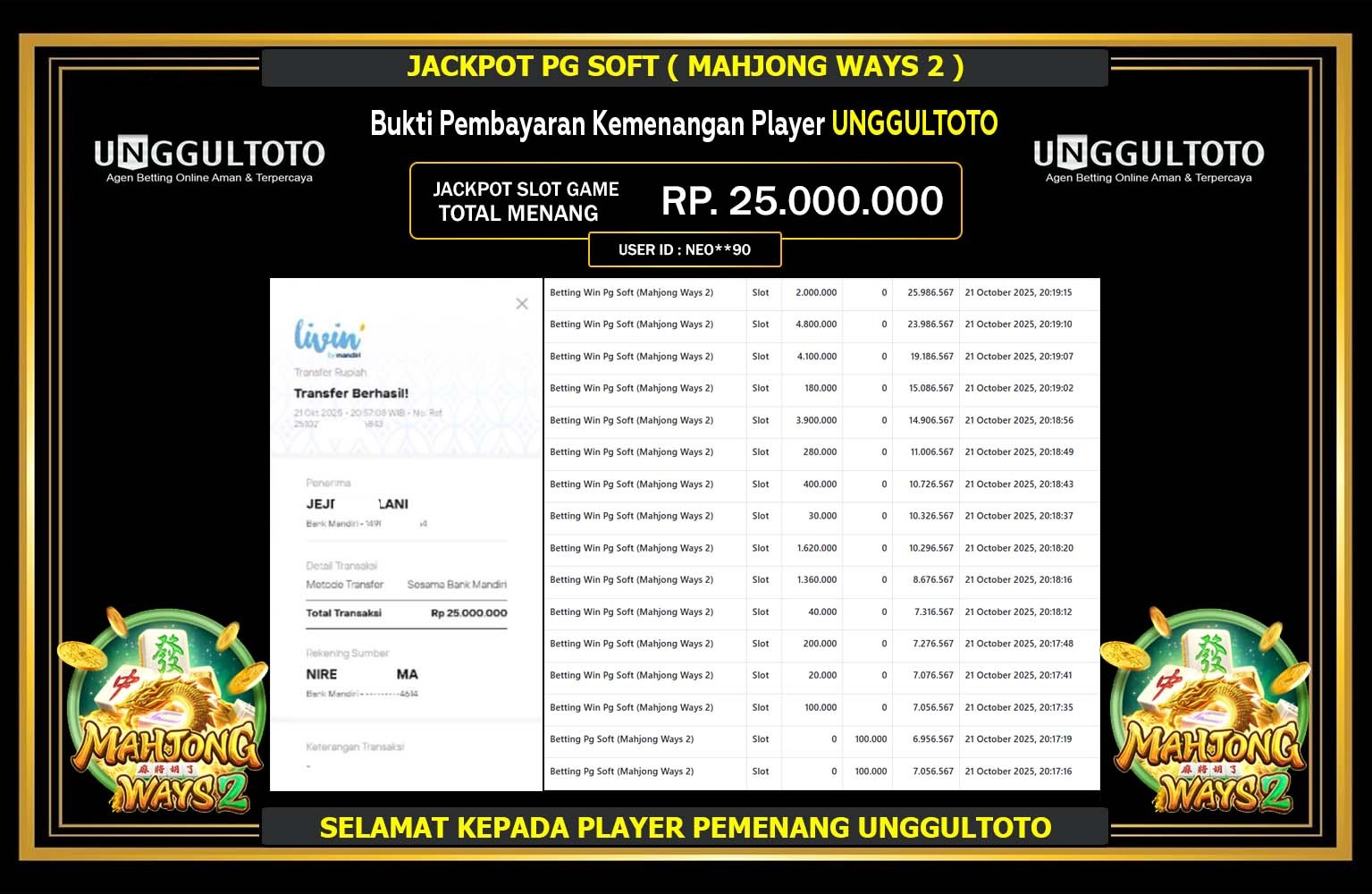 UNGGULTOTO JACKPOT PG SOFT (MAHJONG WAYS 2) Rp.25.000.000,- LUNAS
