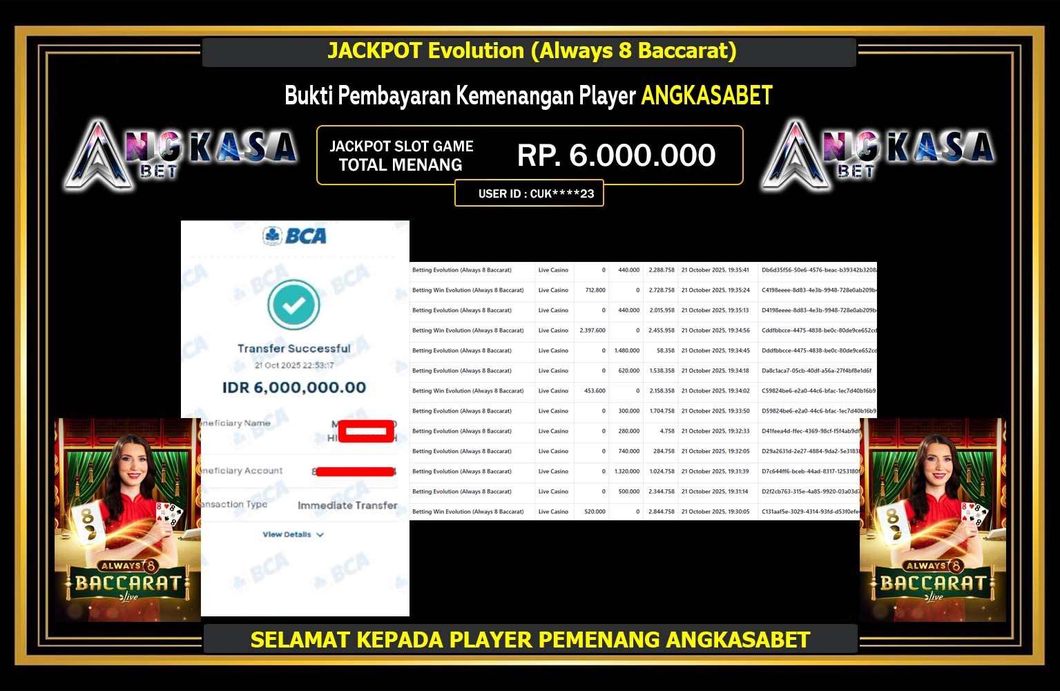 ANGKASABET JACKPOT Evolution (Always 8 Baccarat) Rp.6.000.000,- LUNAS