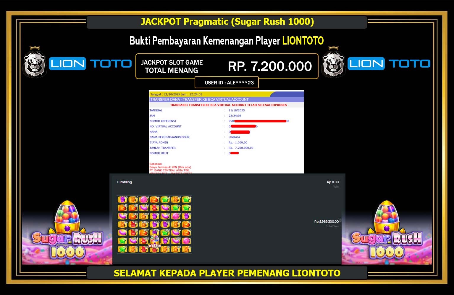LIONTOTO JACKPOT Pragmatic (Sugar Rush 1000) Rp.7.200.000,- LUNAS