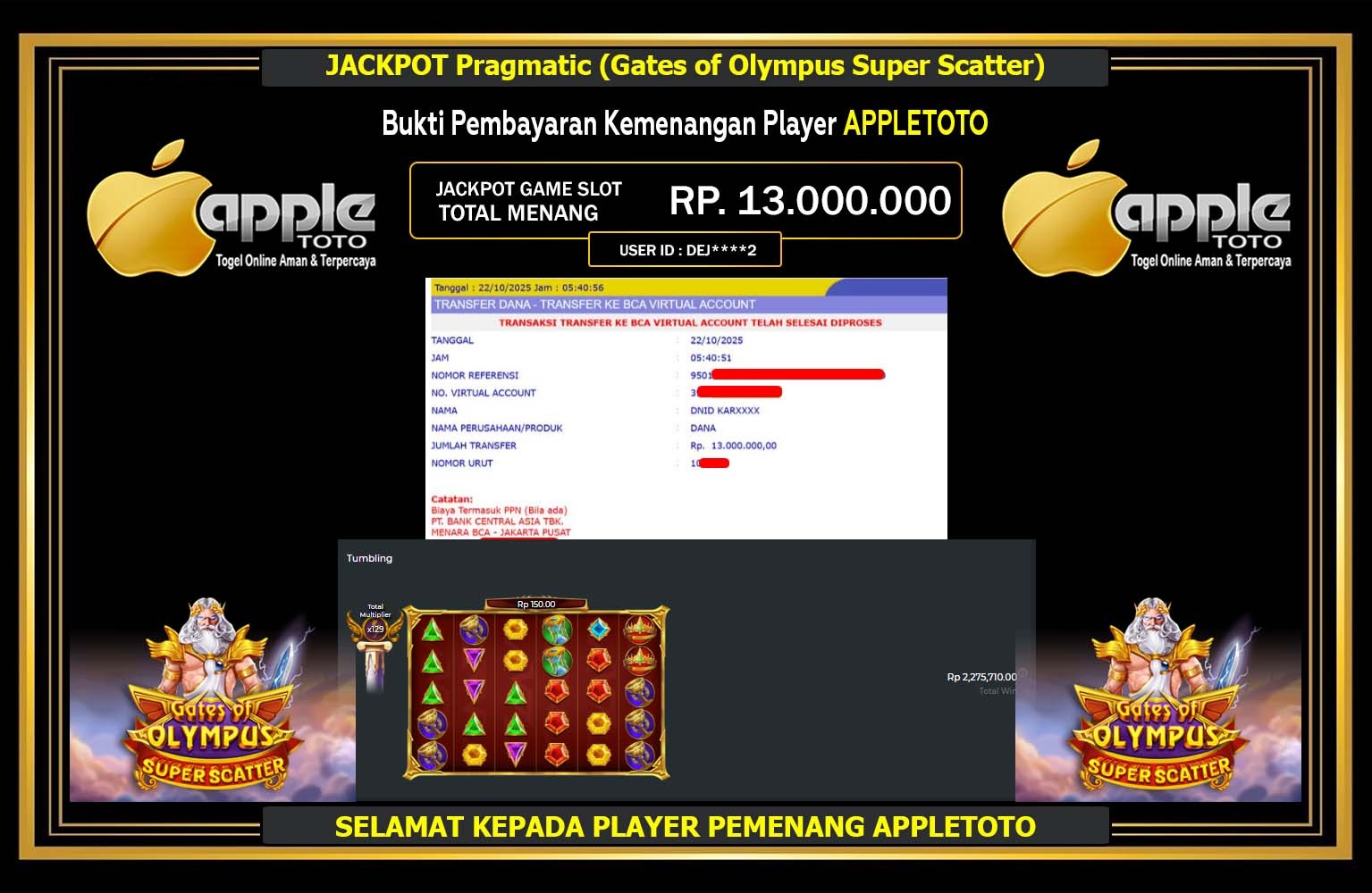 APPLETOTO JACKPOT PRAGMATIC (GATES OF OLYMPUS SUPER SCATTER) Rp.13.000.000,- LUNAS