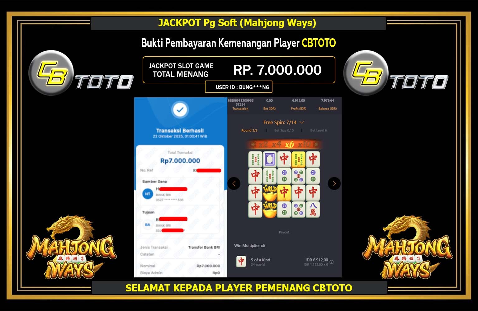 CBTOTO JACKPOT PG SOFT (MAHJONG WAYS) Rp.7.000.000,- LUNAS