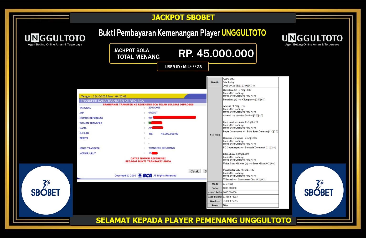 UNGGULTOTO JACKPOT SPORTSBOOK (SBO BET) Rp.45.000.000,- LUNAS