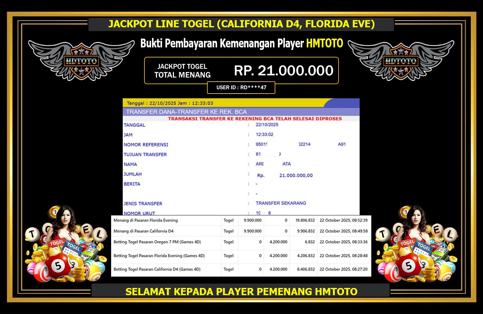 HDTOTO JACKPOT LINE TOGEL (CALIFORNIA D4, FLORIDA EVE) Rp.21.000.000,- LUNAS