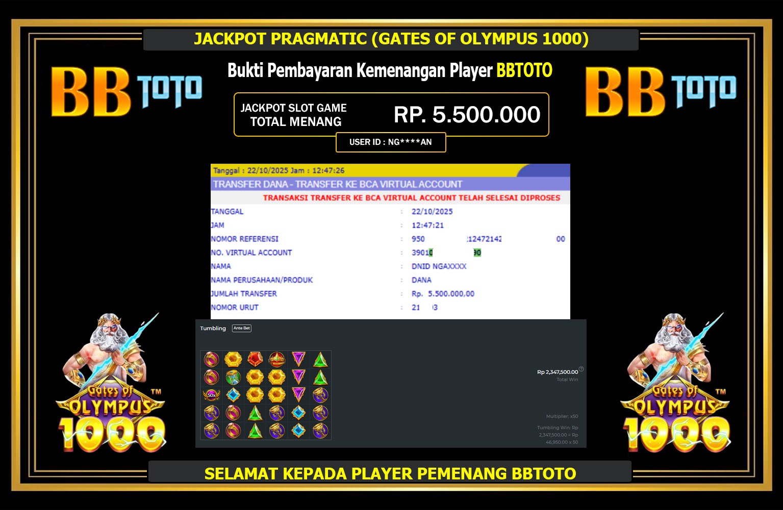 BBTOTO JACKPOT PRAGMATIC (GATES OF OLYMPUS 1000) Rp.5.500.000,- LUNAS