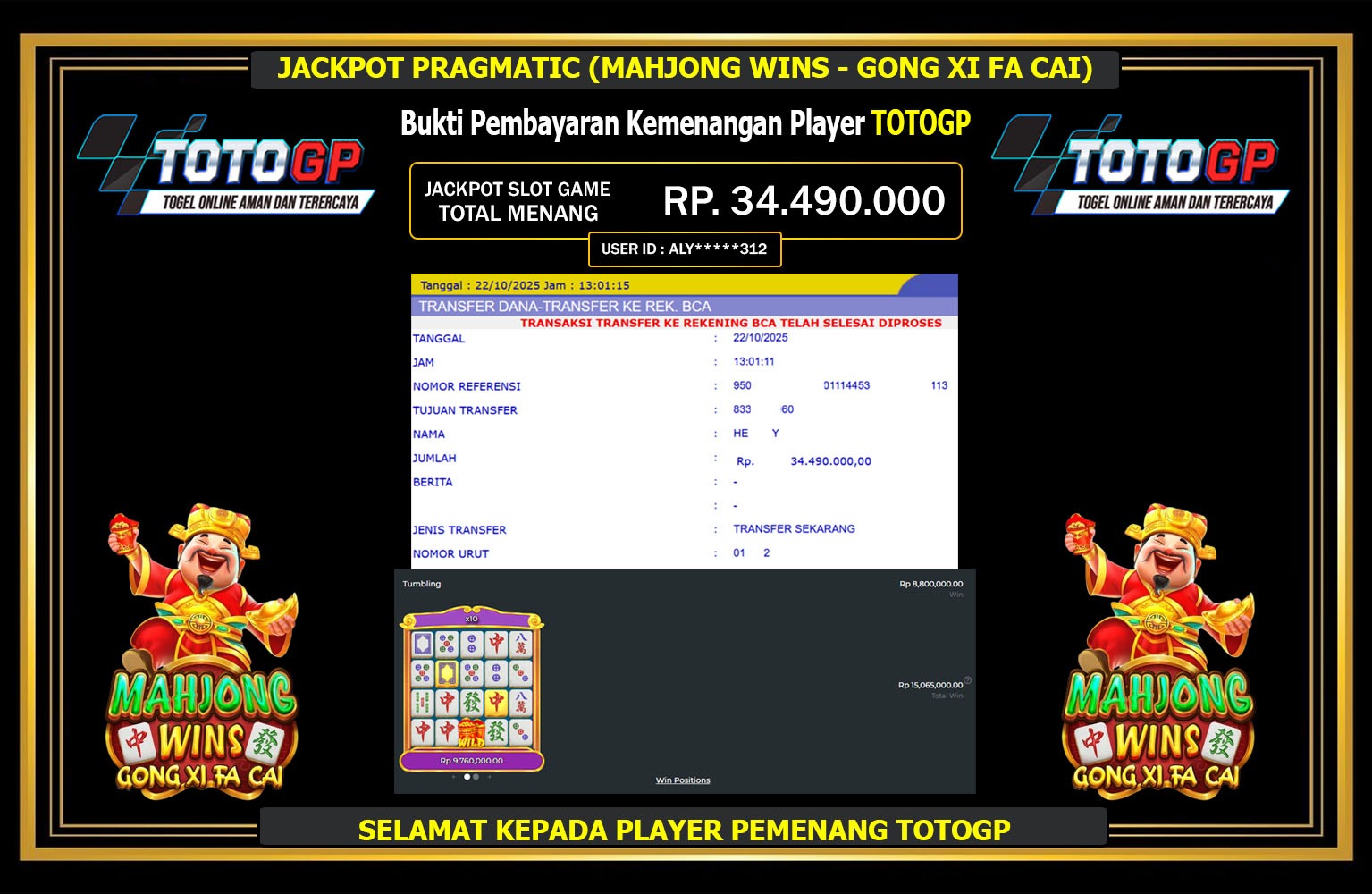 TOTOGP JACKPOT PRAGMATIC (MAHJONG WINS - GONG XI FA CAI) Rp.34.490.000,- LUNAS