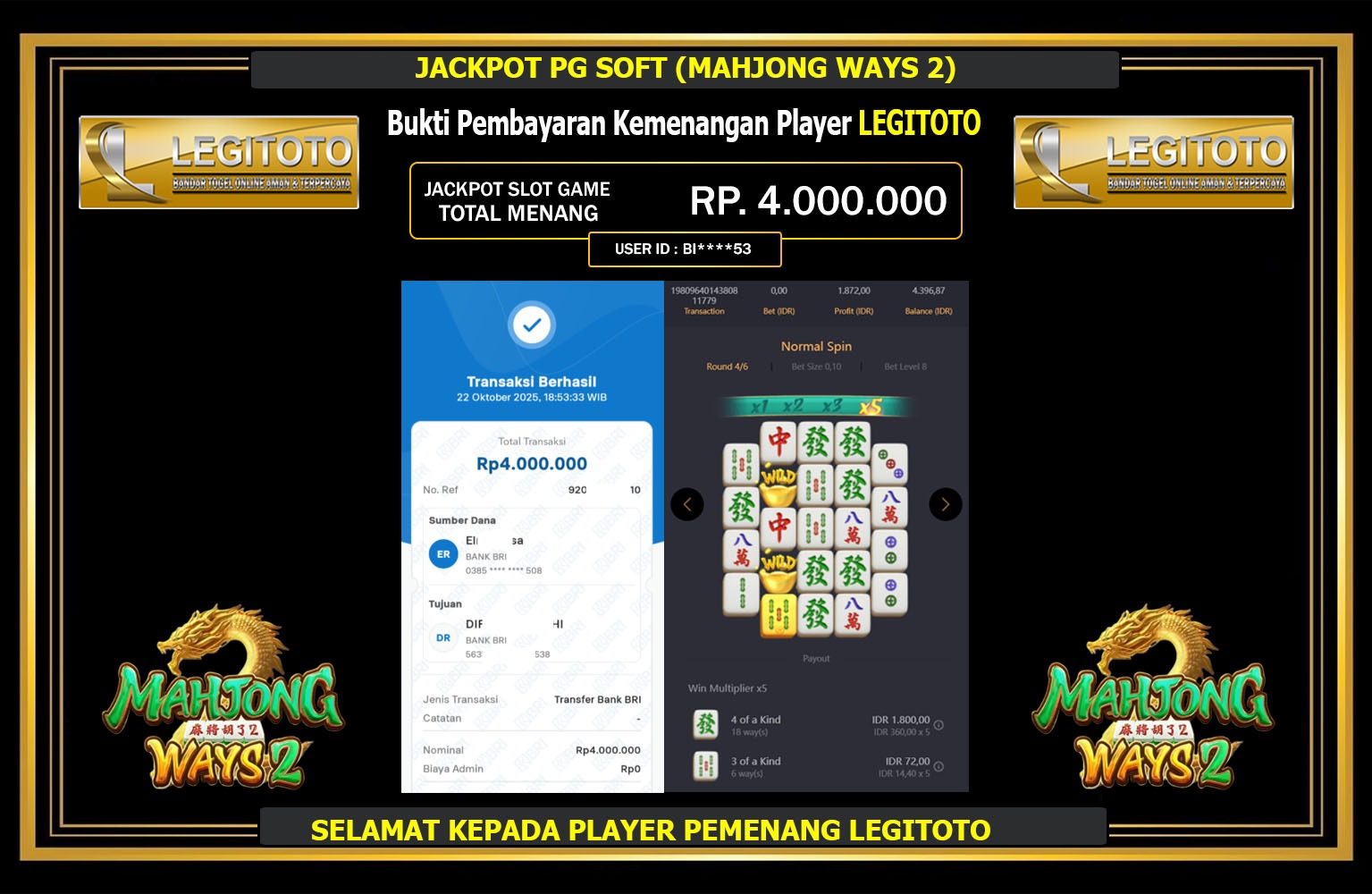 LEGITOTO JACKPOT PG SOFT (MAHJONG WAYS 2) Rp.4.000.000,- LUNAS