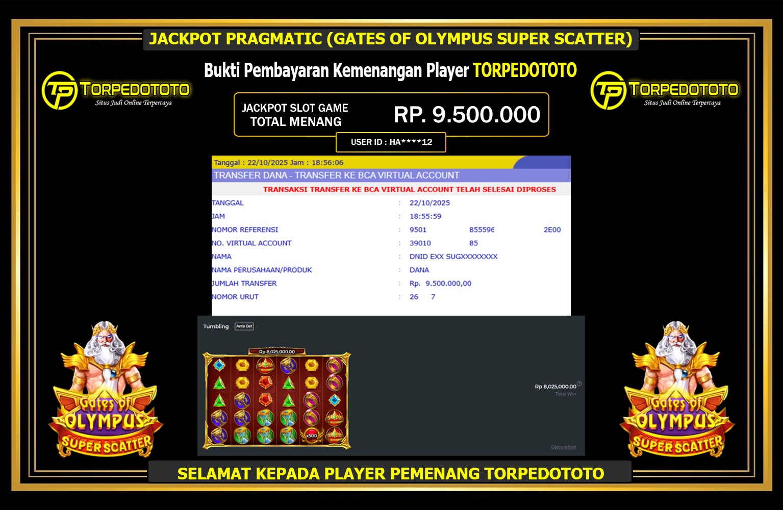 TORPEDOTOTO JACKPOT PRAGMATIC (GATES OF OLYMPUS SUPER SCATTER) Rp.9.500.000,- LUNAS