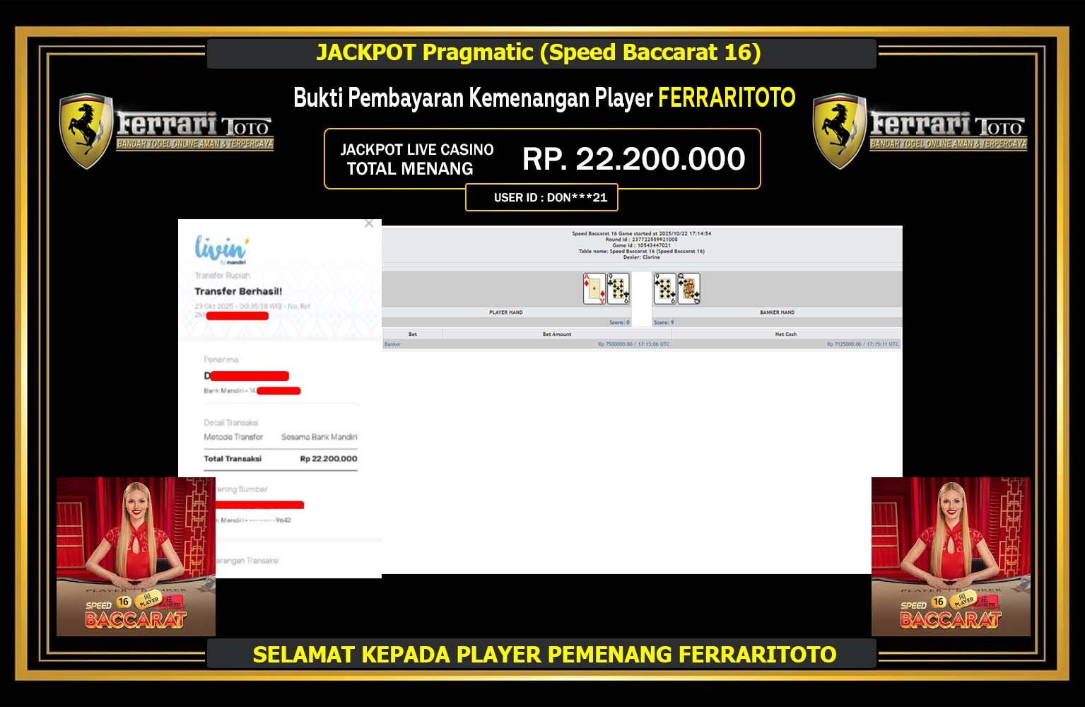 FERRARITOTO JACKPOT PRAGMATIC (SPEED BACCARAT 16) Rp.22.200.000,- LUNAS