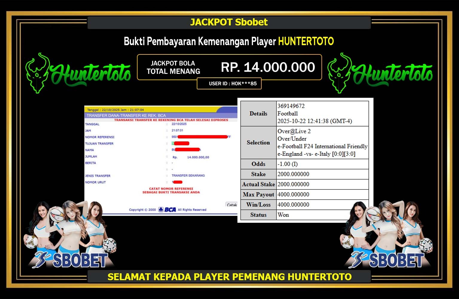 HUNTERTOTO JACKPOT SPORTSBOOK (SBO BET) Rp.14.000.000,- LUNAS