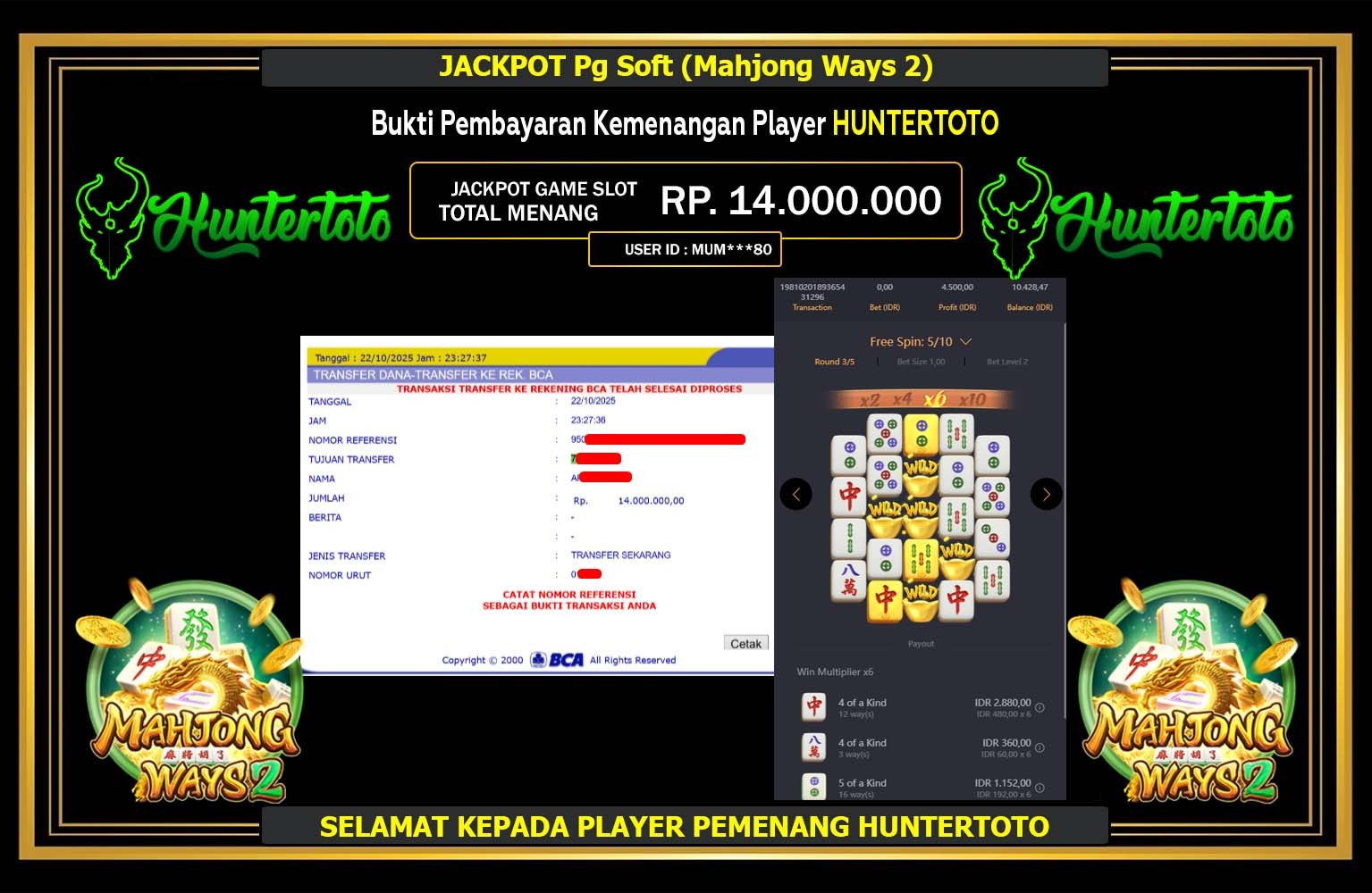 HUNTERTOTO JACKPOT PG SOFT (MAHJONG WAYS 2) Rp.14.000.000,- LUNAS