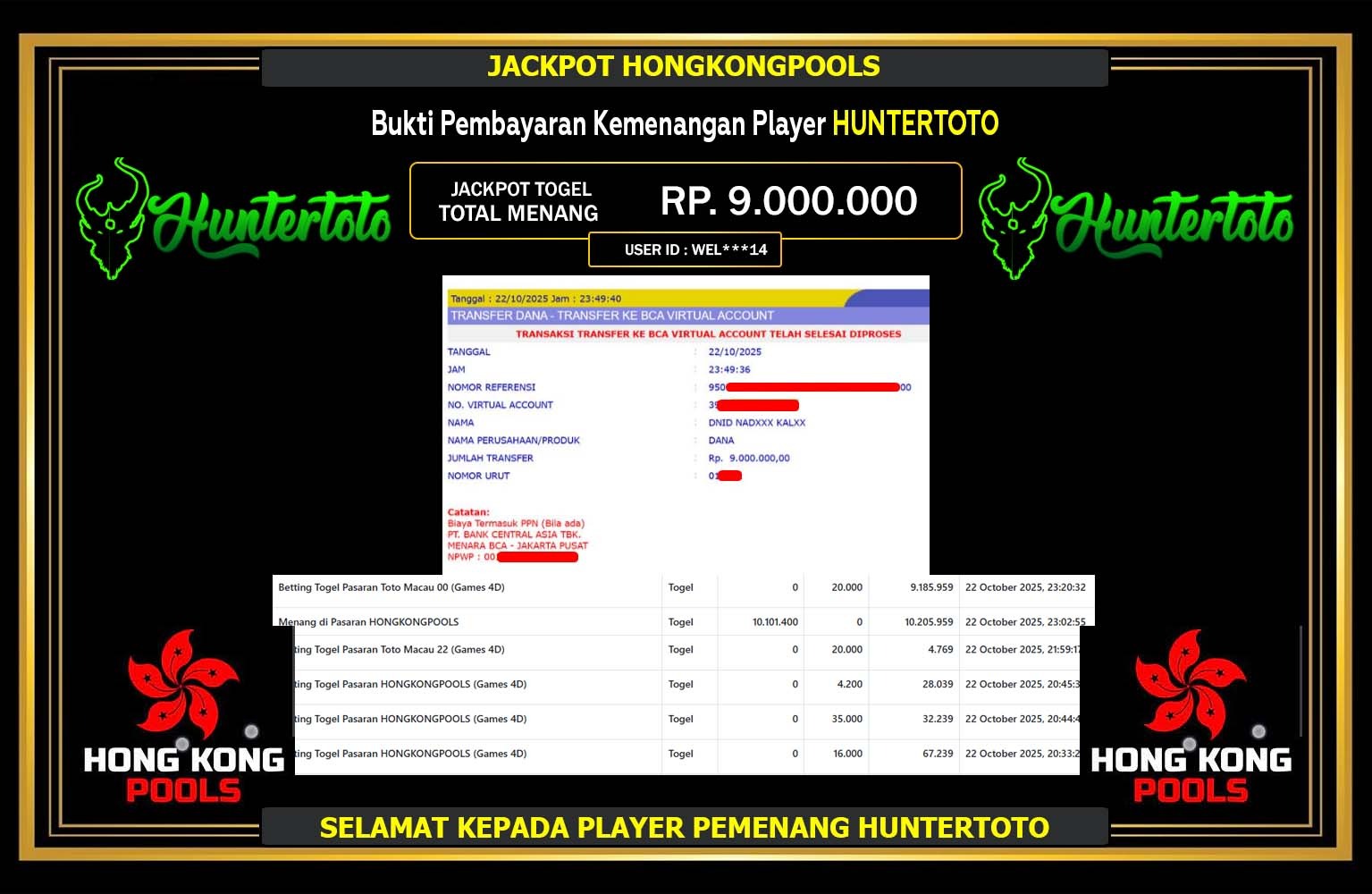 HUNTERTOTO JACKPOT LINE TOGEL (HONGKONG POOLS) Rp.9.000.000,- LUNAS