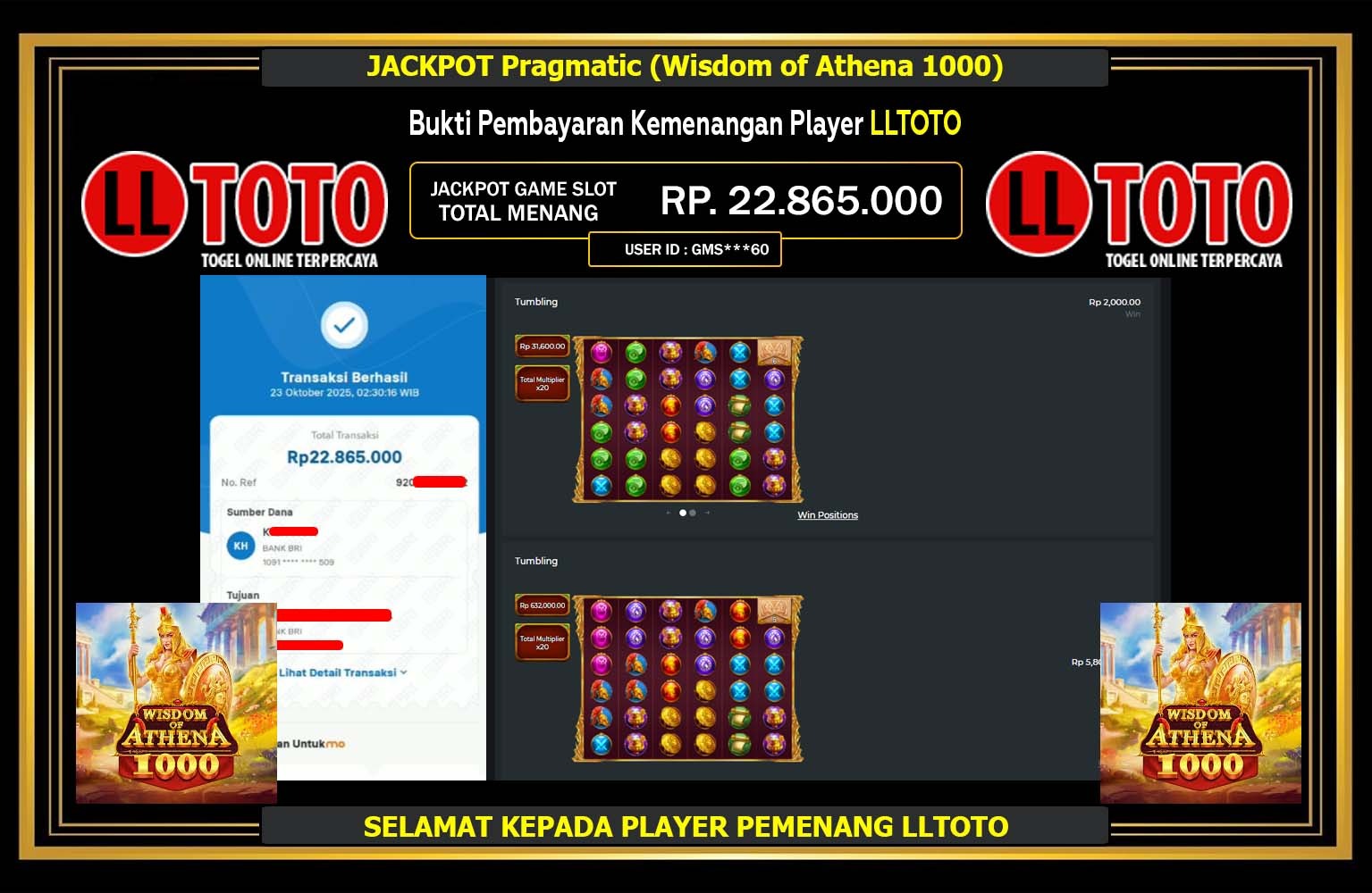 LLTOTO JACKPOT PRAGMATIC (WISDOM OF ATHENA 1000) Rp.22.865.000,- LUNAS