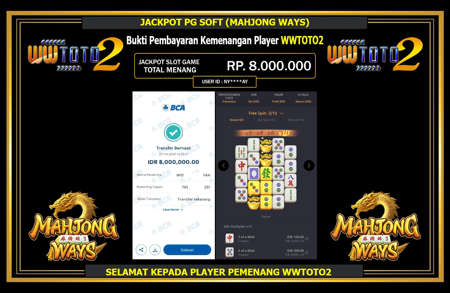 WWTOTO2 JACKPOT PG SOFT (MAHJONG WAYS) Rp.8.000.000,- LUNAS