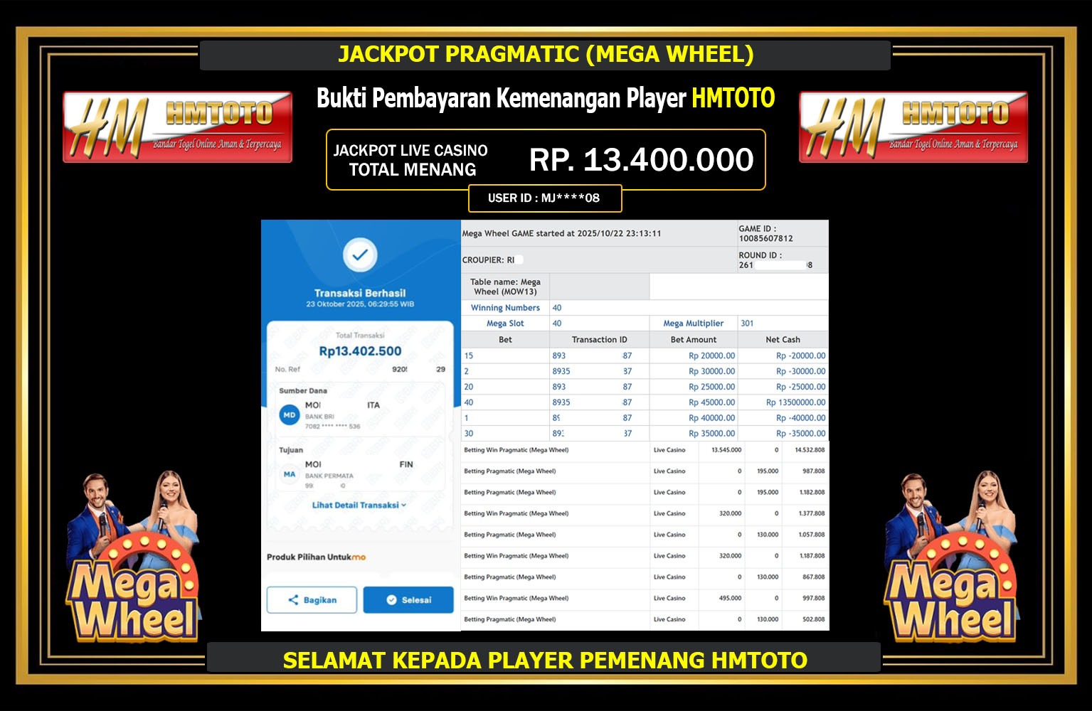 HMTOTO JACKPOT PRAGMATIC (MEGA WHEEL) Rp.13.400.000,- LUNAS
