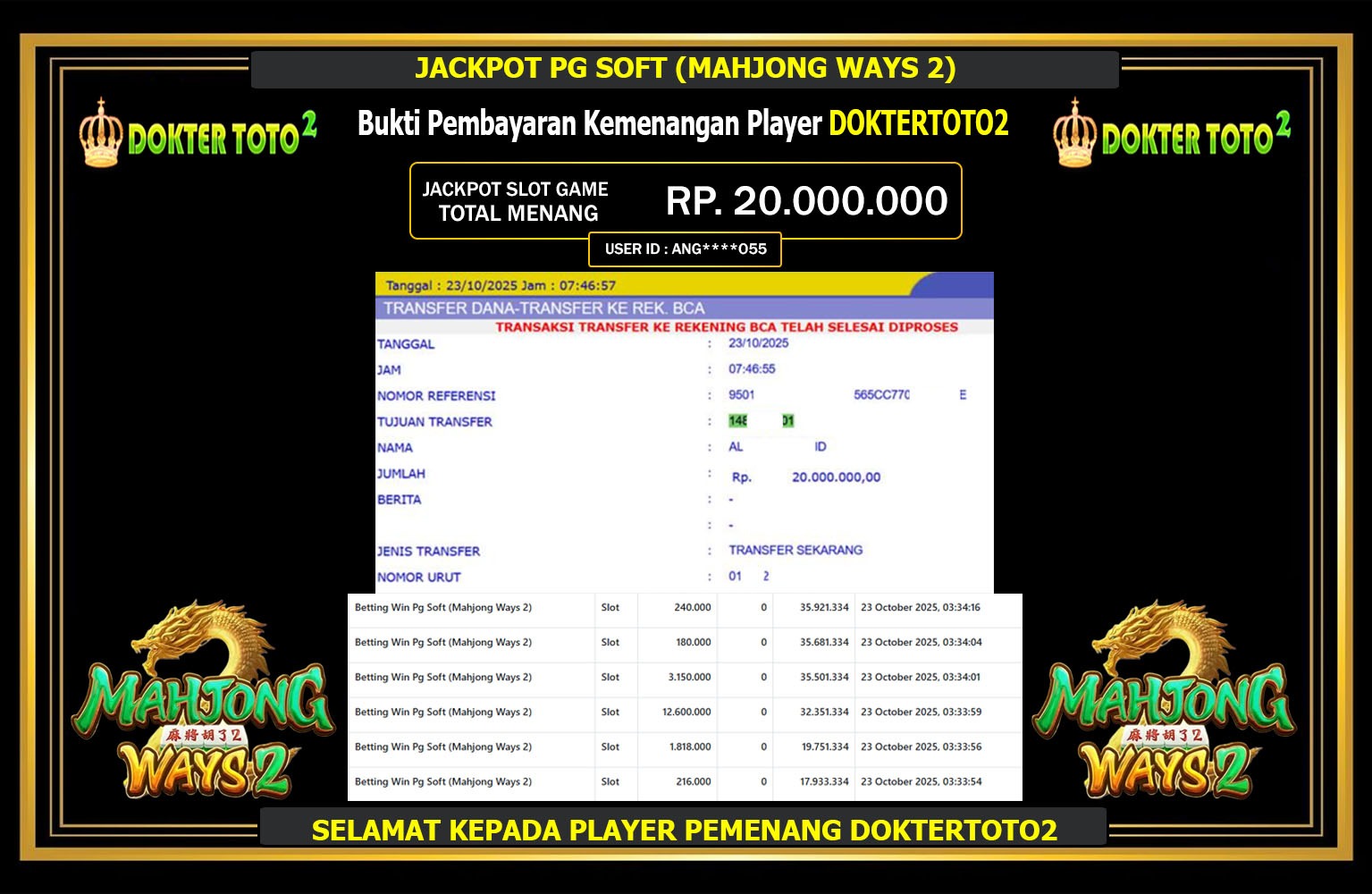 DOKTERTOTO2 JACKPOT PG SOFT (MAHJONG WAYS 2) Rp.20.000.000,- LUNAS