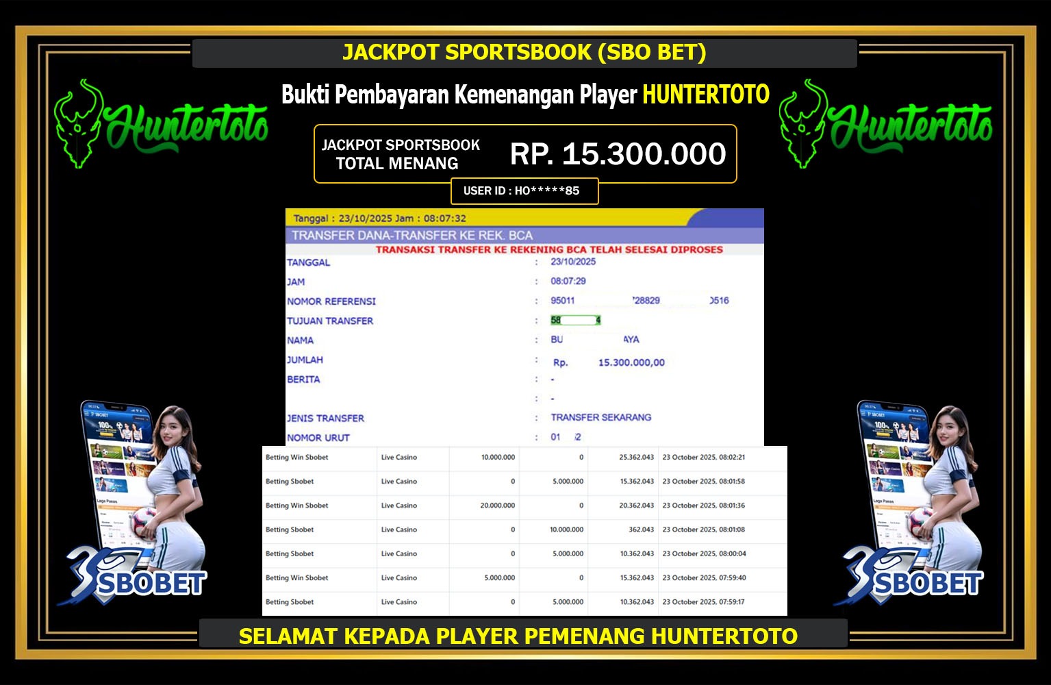 HUNTERTOTO JACKPOT SPORTSBOOK (SBO BET) Rp.15.300.000,- LUNAS