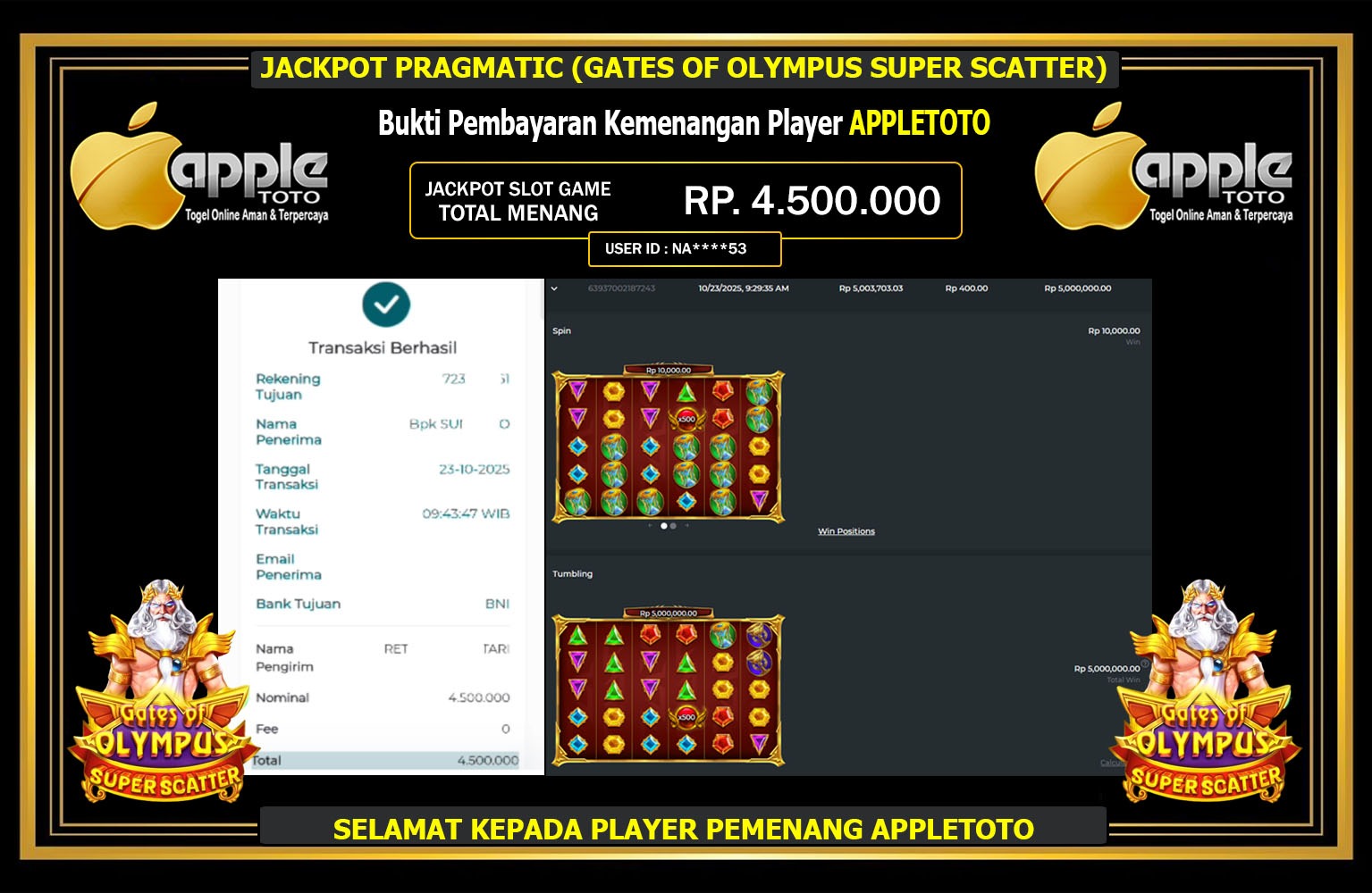 APPLETOTO JACKPOT PRAGMATIC (GATES OF OLYMPUS SUPER SCATTER) Rp.4.500.000,- LUNAS