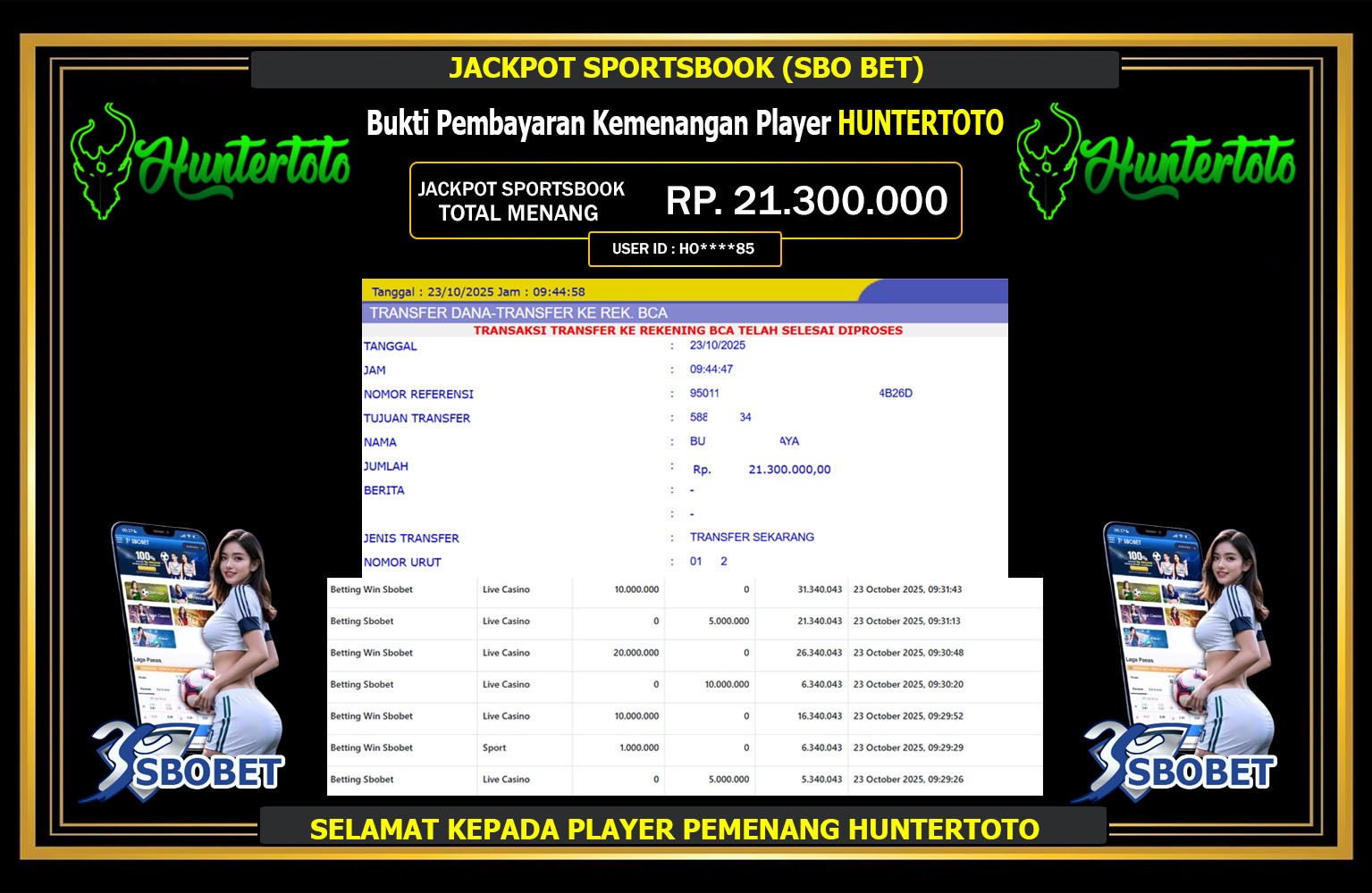 HUNTERTOTO JACKPOT SPORTSBOOK (SBO BET) Rp.21.300.000,- LUNAS