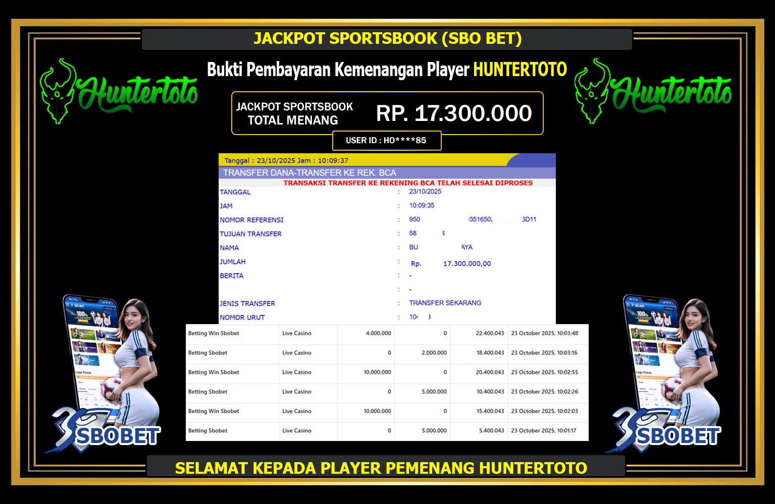 HUNTERTOTO JACKPOT SPORTSBOOK (SBO BET) Rp.17.300.000,- LUNAS