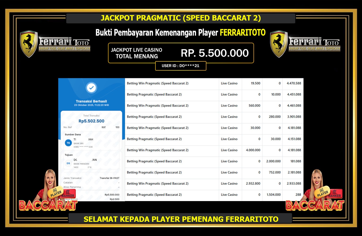 FERRARITOTO JACKPOT PRAGMATIC (SPEED BACCARAT 2) Rp.5.500.000,- LUNAS