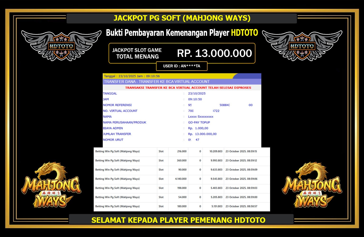 HDTOTO JACKPOT PG SOFT (MAHJONG WAYS) Rp.13.000.000,- LUNAS
