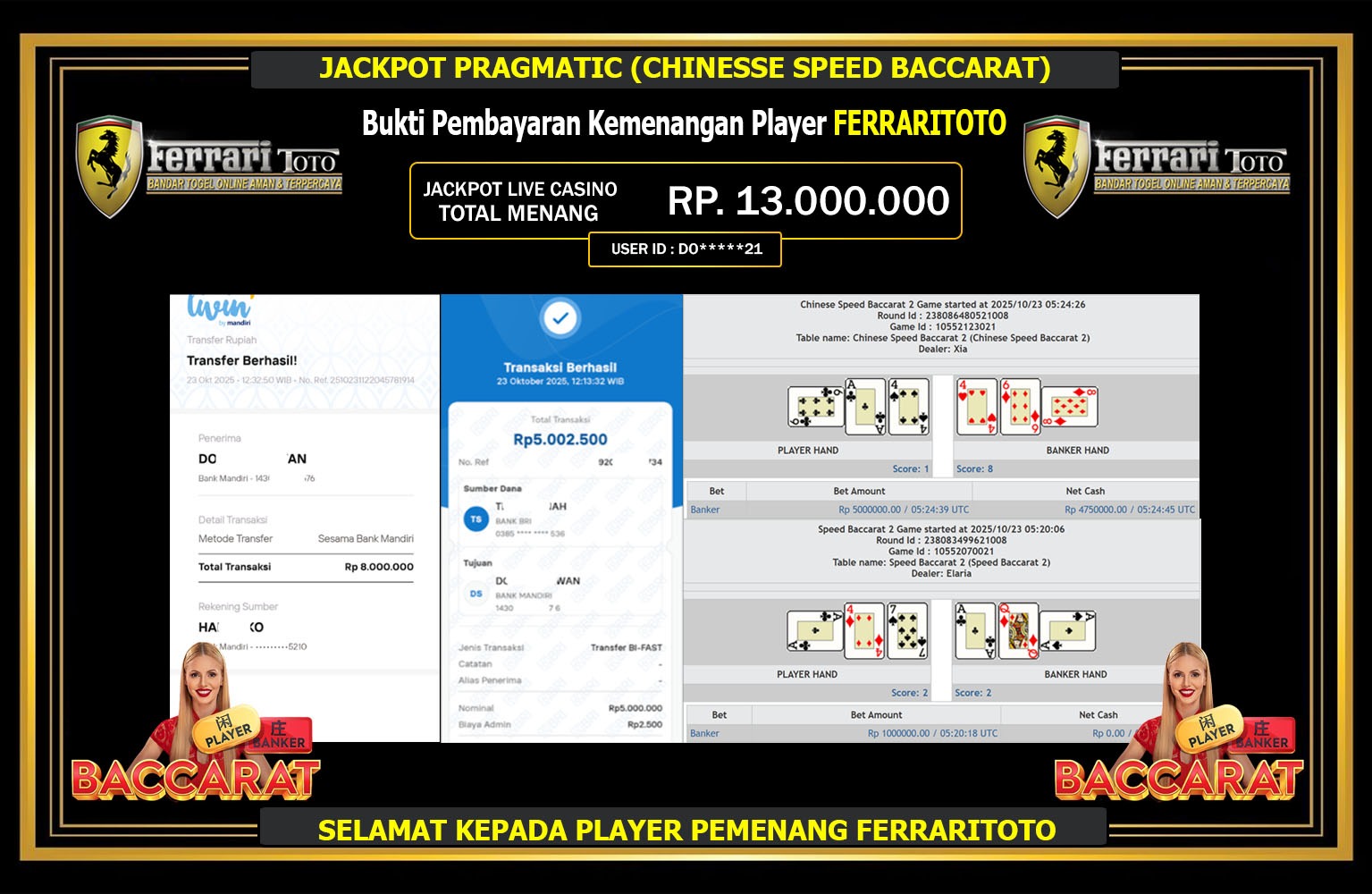 FERRARITOTO JACKPOT PRAGMATIC (CHINESSE SPEED BACCARAT) Rp.13.000.000,- LUNAS