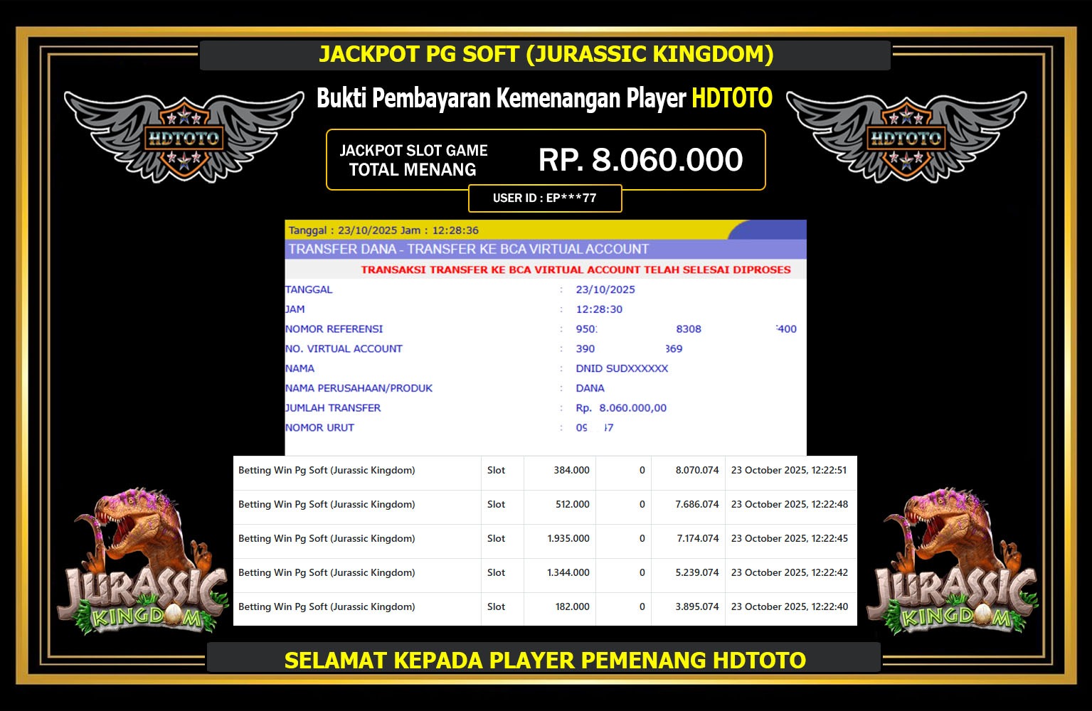 HDTOTO JACKPOT PG SOFT (JURASSIC KINGDOM) Rp.8.060.000,- LUNAS