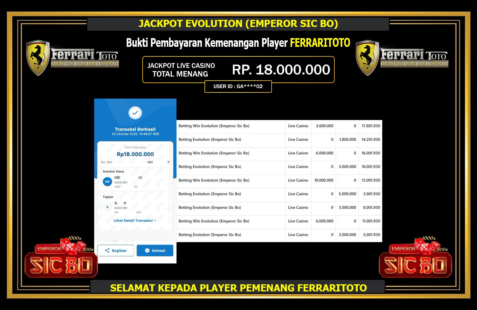 FERRARITOTO JACKPOT EVOLUTION (EMPEROR SIC BO) Rp.18.000.000,- LUNAS