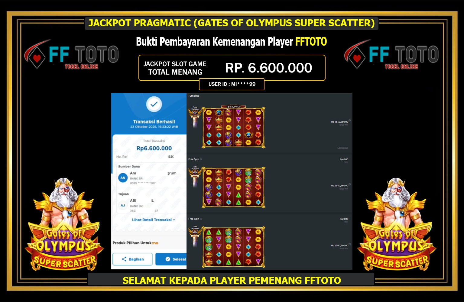 FFTOTO JACKPOT PRAGMATIC (GATES OF OLYMPUS SUPER SCATTER) Rp.6.600.000,- LUNAS
