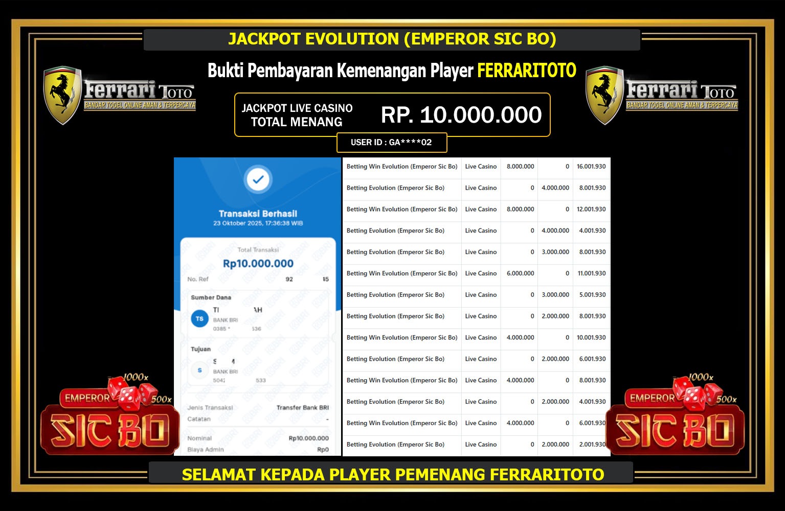 FERRARITOTO JACKPOT EVOLUTION (EMPEROR SIC BO) Rp.10.000.000,- LUNAS