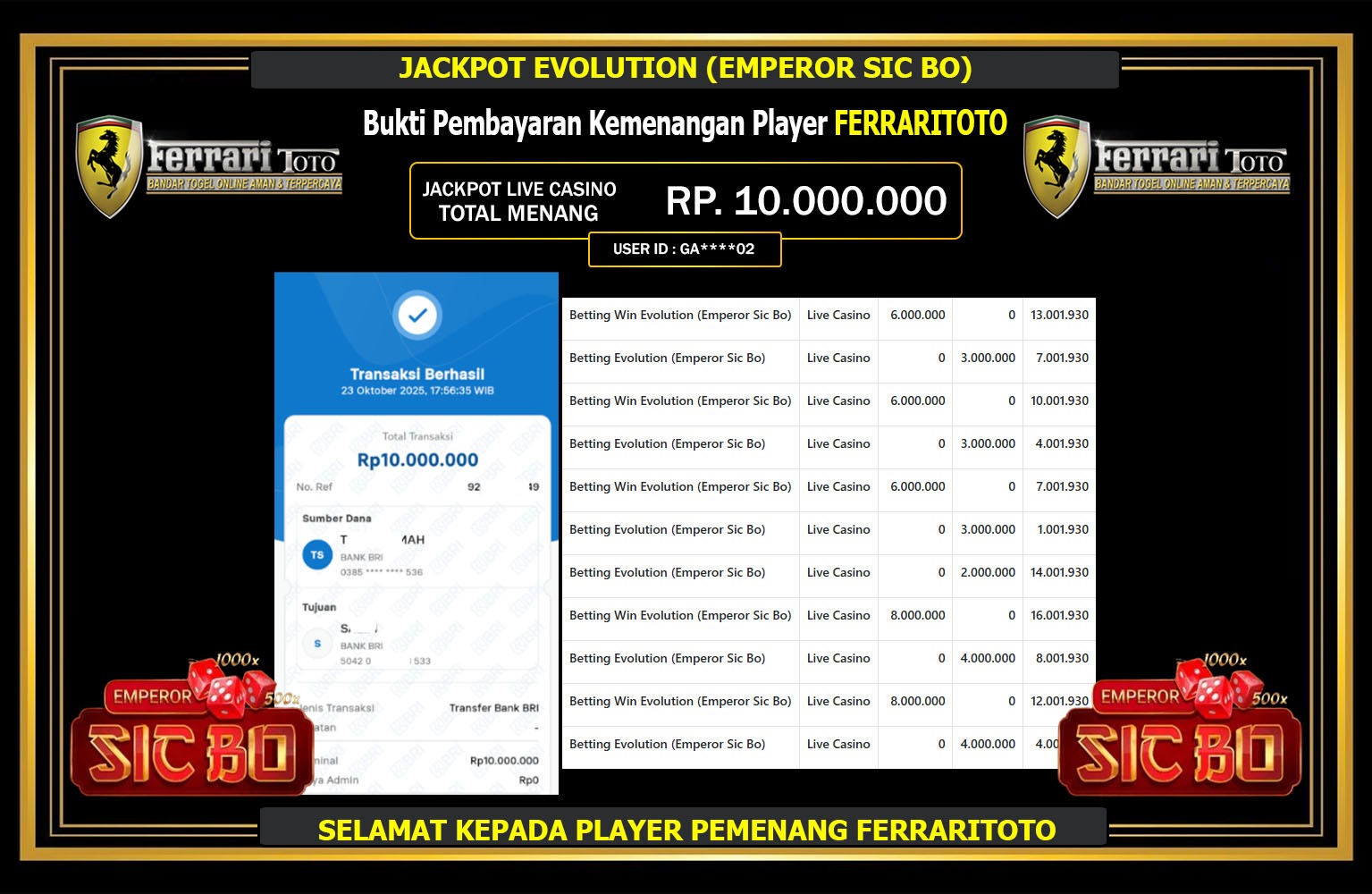 FERRARITOTO JACKPOT EVOLUTION (EMPEROR SIC BO) Rp.10.000.000,- LUNAS