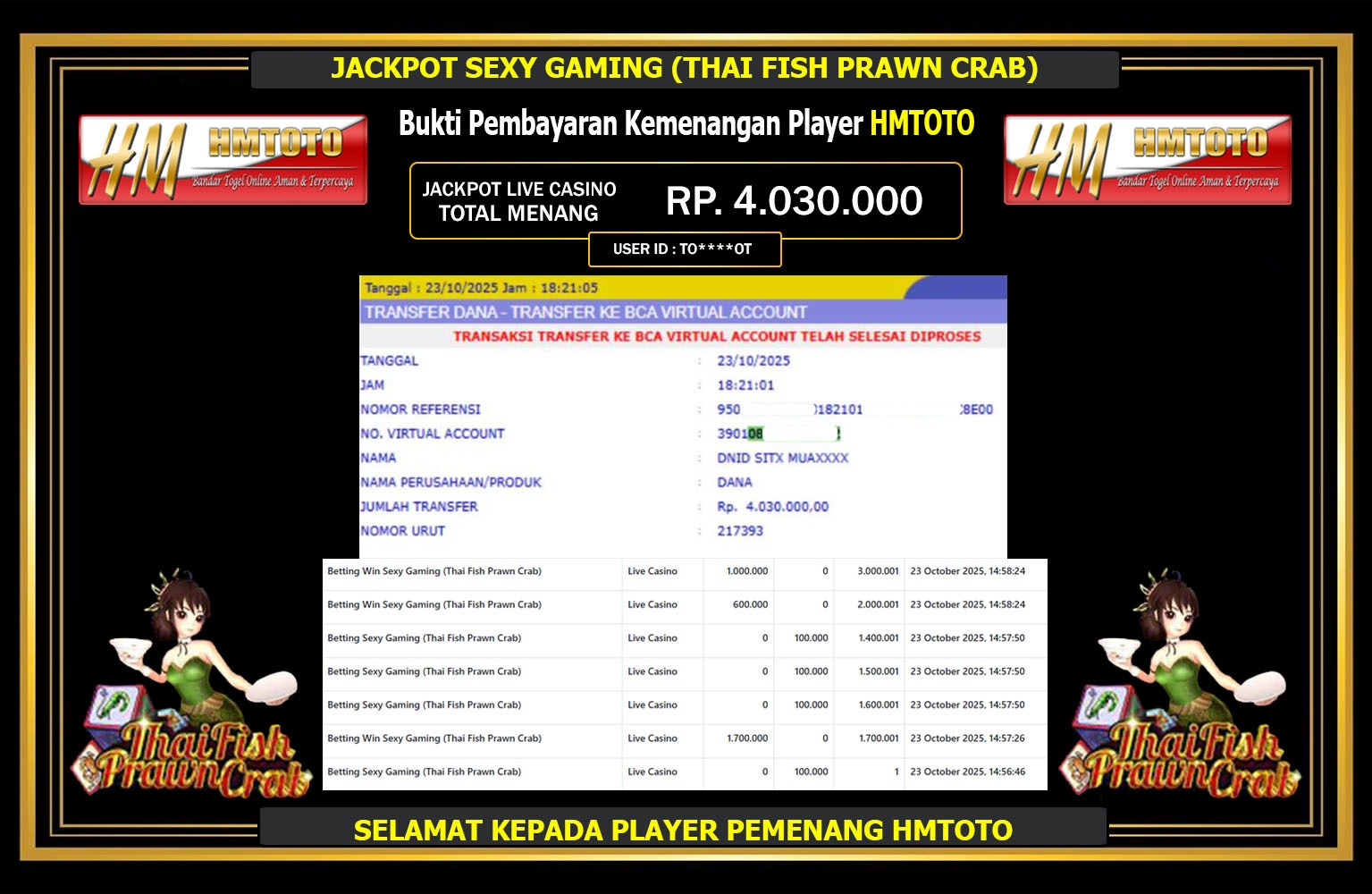 HMTOTO JACKPOT SEXY GAMING (THAI FISH PRAWN CRAB) Rp.4.030.000,- LUNAS