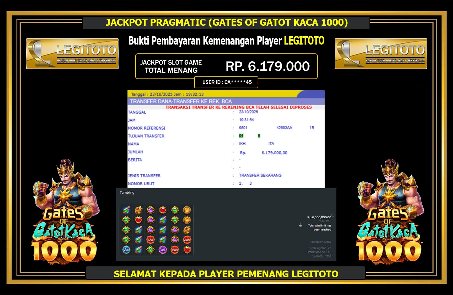 LEGITOTO JACKPOT PRAGMATIC (GATES OF GATOT KACA 1000) Rp.6.179.000,- LUNAS