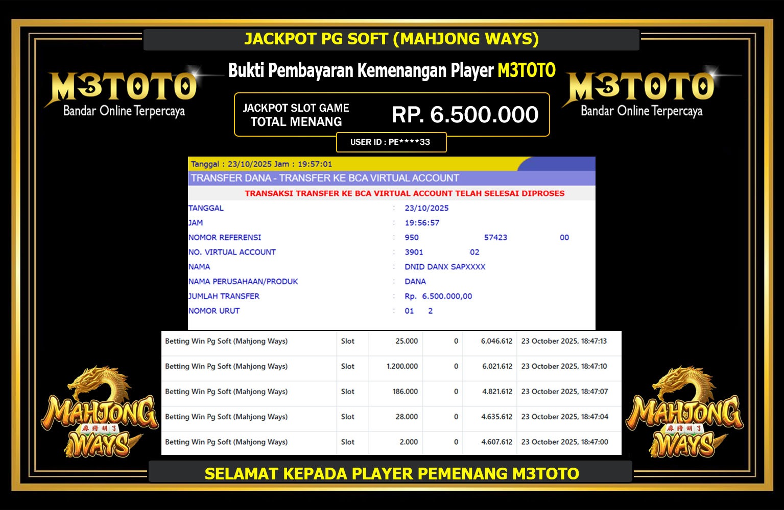M3TOTO JACKPOT PG SOFT (MAHJONG WAYS) Rp.6.500.000,- LUNAS