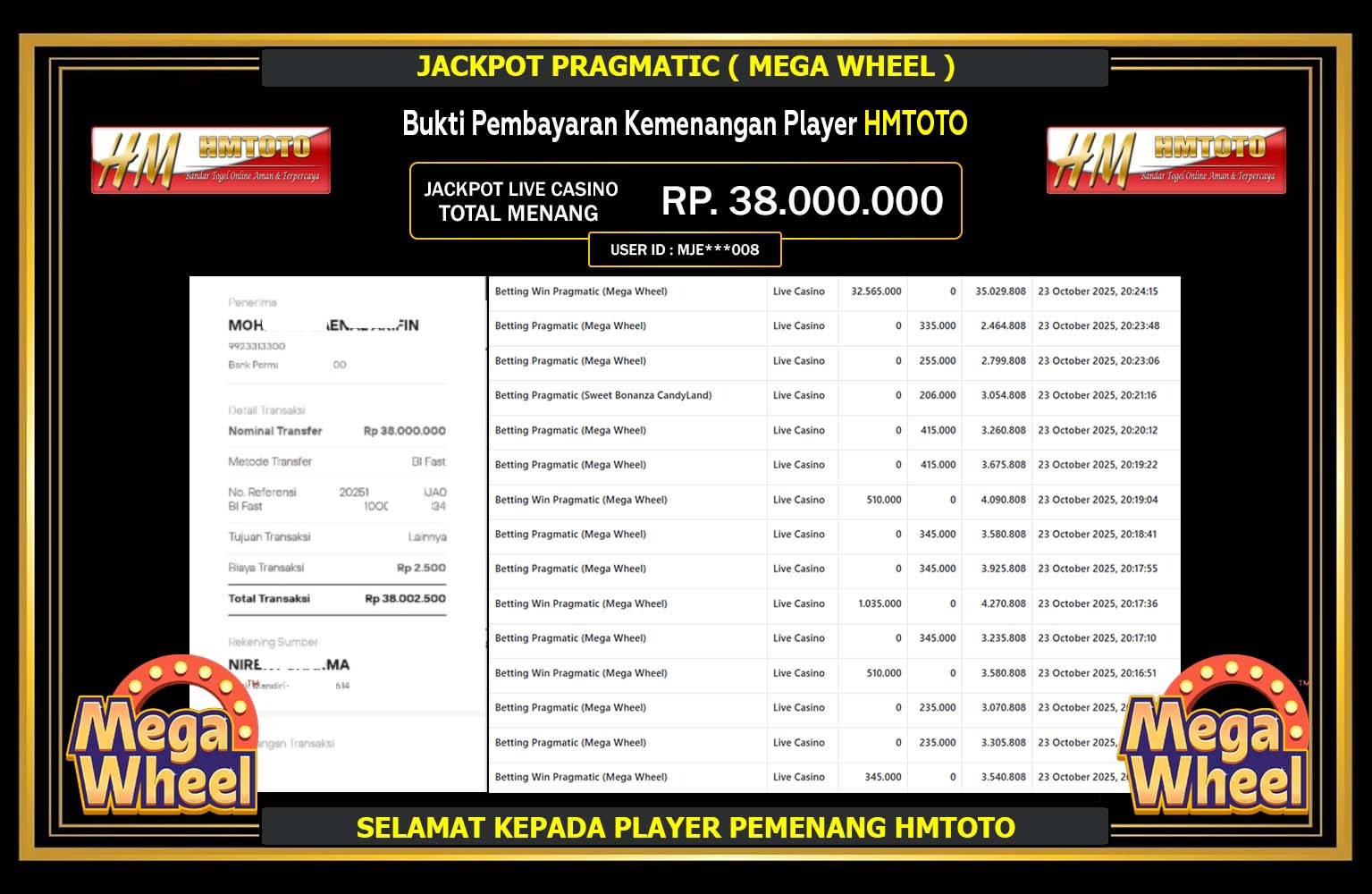 HMTOTO JACKPOT PRAGMATIC (MEGA WHEEL) Rp.38.000.000,- LUNAS