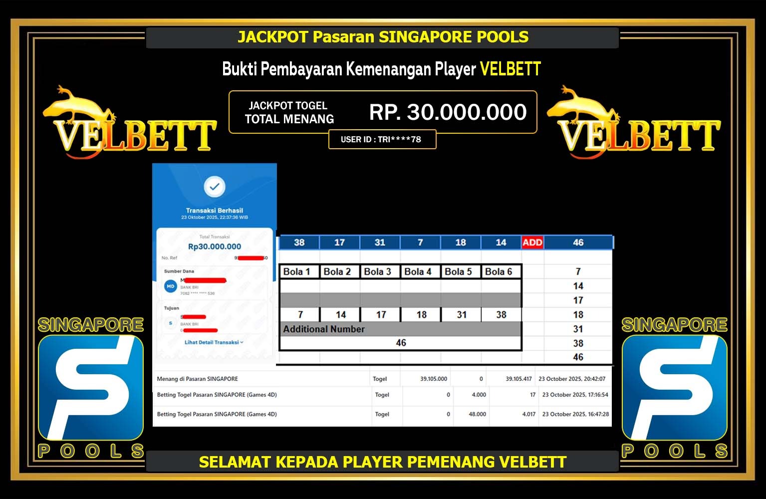 VELBETT JACKPOT TOGEL SINGAPORE POOLS Rp.30.000.000,- LUNAS
