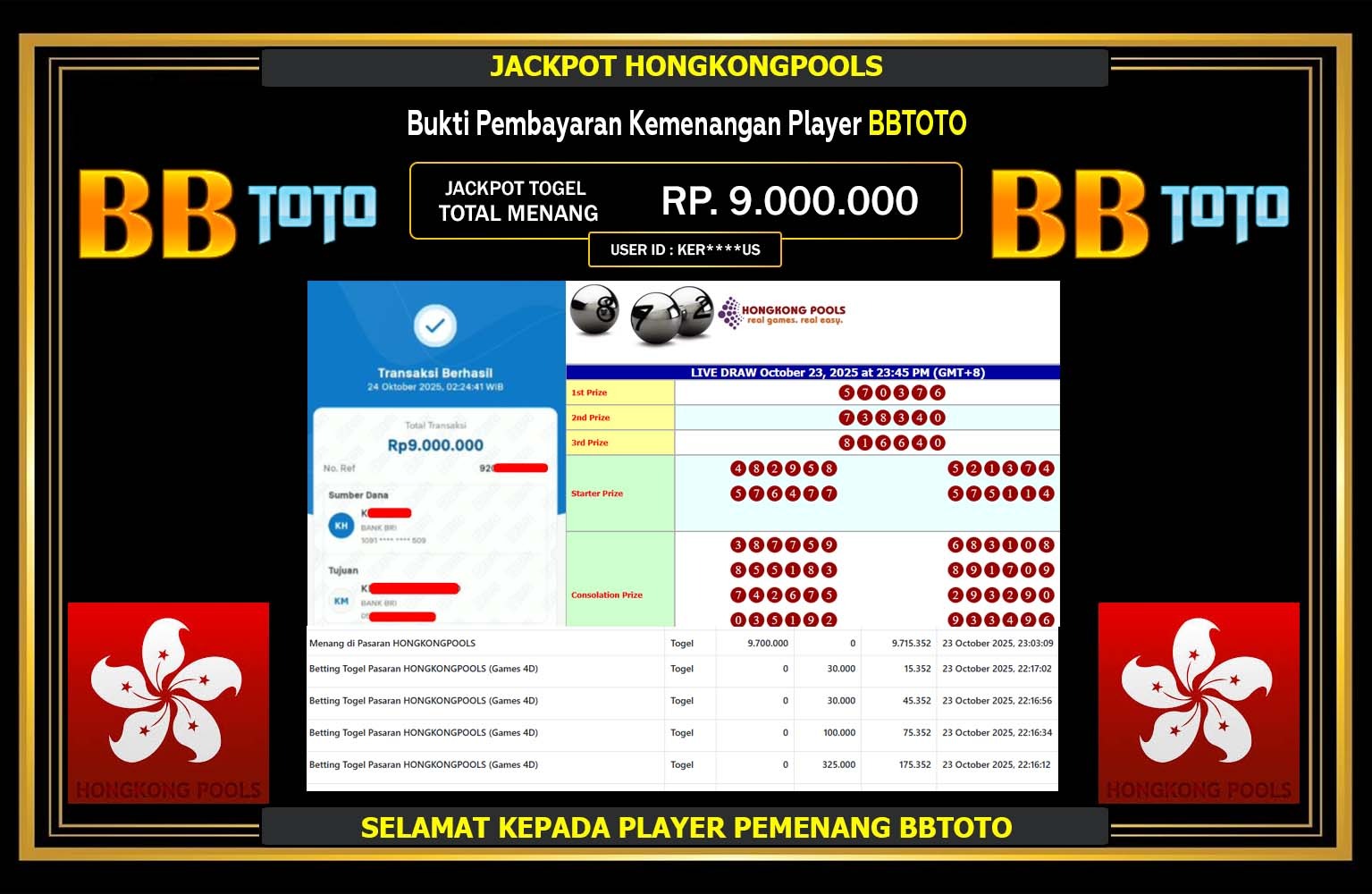BBTOTO JACKPOT TOGEL PASARAN (HONGKONGPOOLS) Rp.9.000.000,- LUNAS