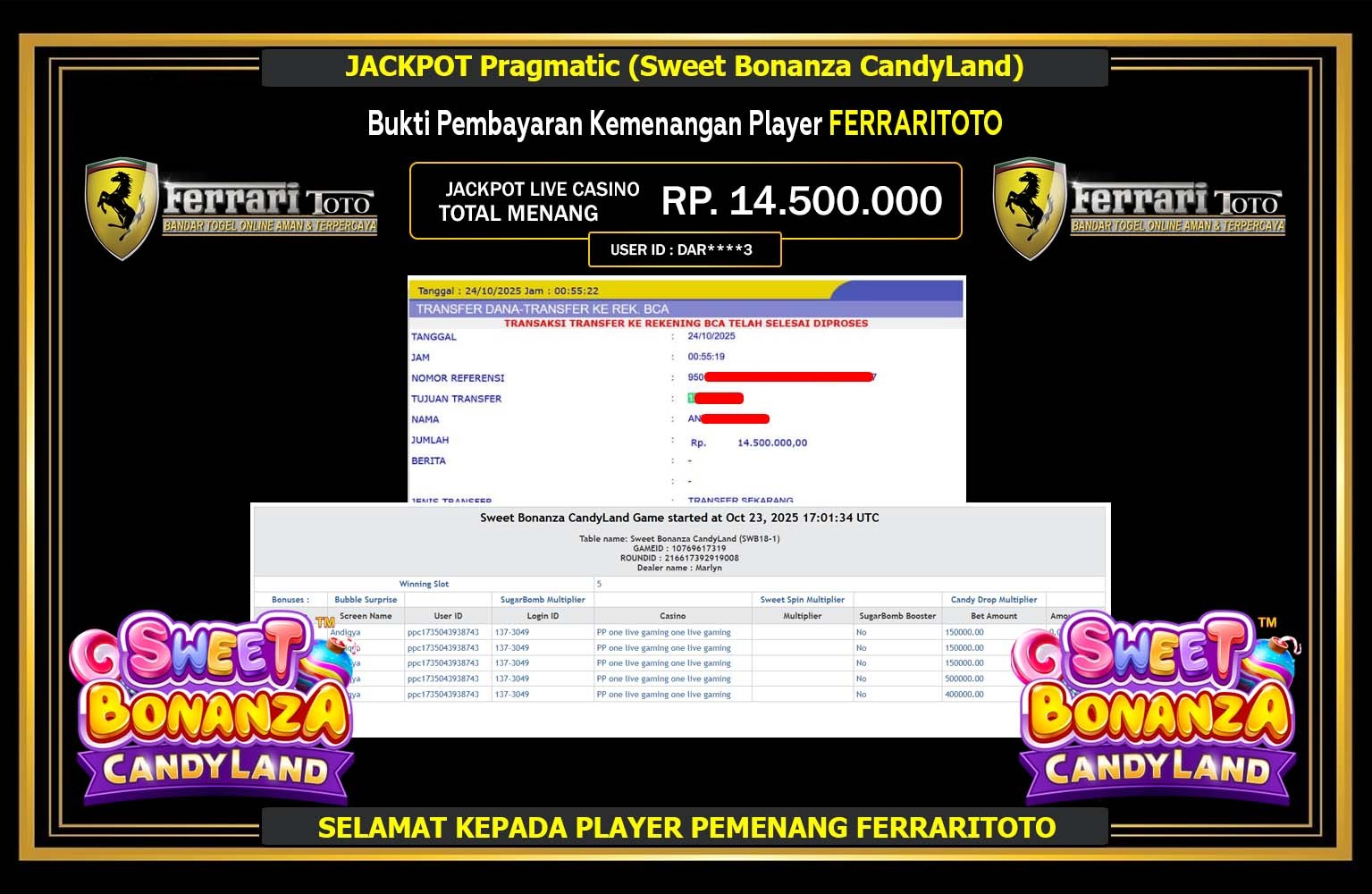FERRARITOTO JACKPOT Pragmatic (Sweet Bonanza CandyLand) Rp.14.500.000,- LUNAS