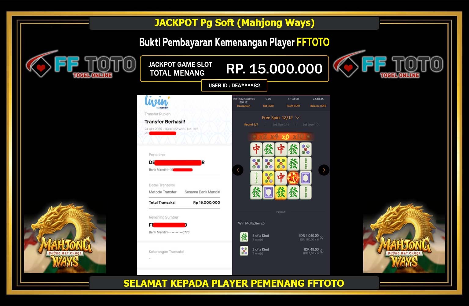 FFTOTO JACKPOT PG SOFT (MAHJONG WAYS) Rp.15.000.000,- LUNAS