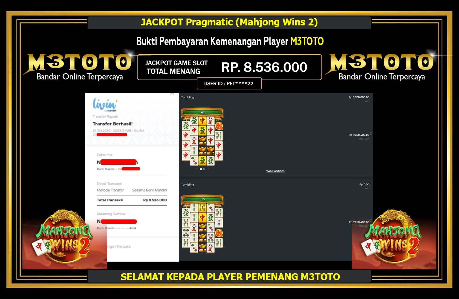 M3TOTO JACKPOT Pragmatic (Mahjong Wins 2) Rp.8.536.000,- LUNAS
