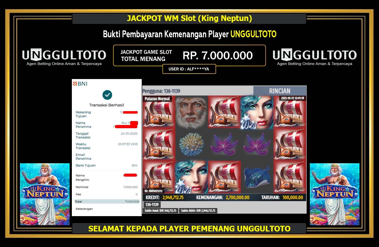 UNGGULTOTO JACKPOT WM Slot (King Neptun) Rp.7.000.000,- LUNAS