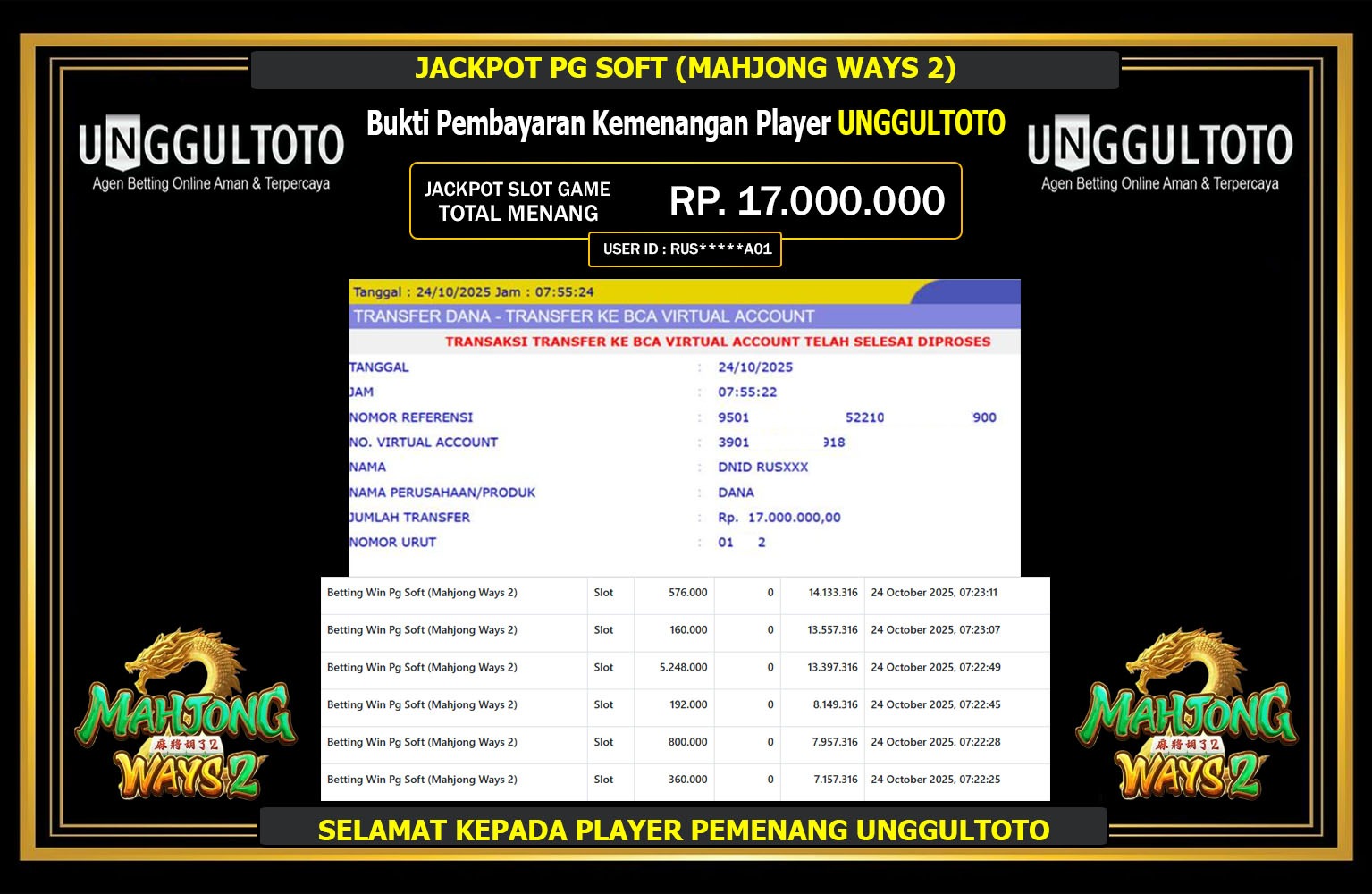 UNGGULTOTO JACKPOT PG SOFT (MAHJONG WAYS 2) Rp.17.000.000,- LUNAS
